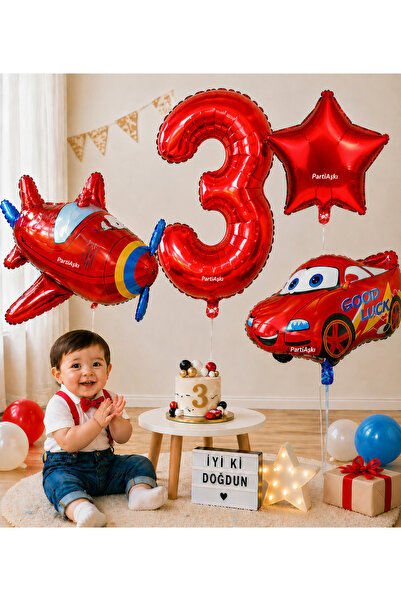 PARTİ AŞKI 1 Yaş Şimşek Mcqueen Cars Uçak Yarış Temalı 4'li Balon Seti & Erke...