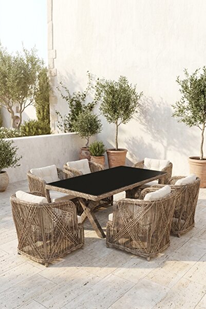 huteras Bahçe Masa Takımı Rattan 6 Kişilik Cappuccino Rimini El Örgü Siyah Ca...