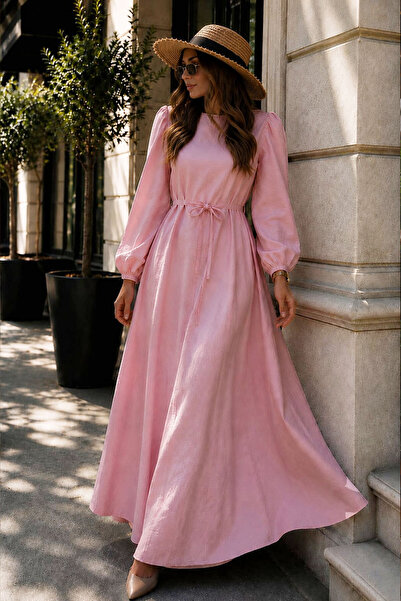 Tesettür Dünyası Lina Dress with Stitching and Lace Detail Tsd260223 Dusty Pink