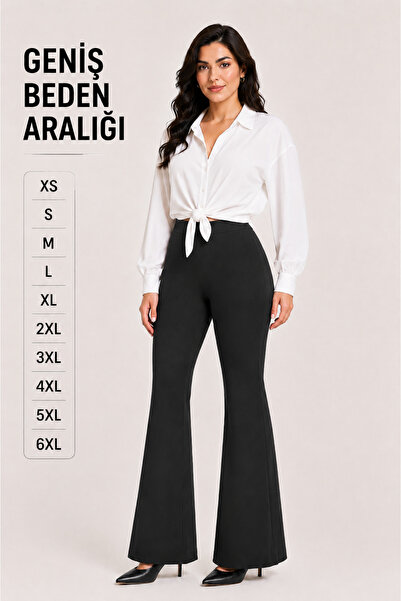 EDAMODA Black Plus Size High Waist Spanish Leg Flare Dalgış Fabric Lycra Stre...