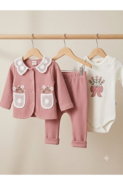 Efemkids Lace Collar Baby Suit Floral Patterned Newborn Baby Suit Pocketed Ja...