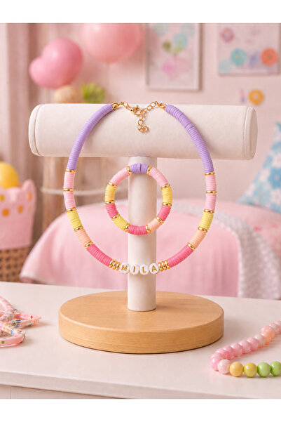 Moonbelle Kız Çocuk Kişiye Özel İsimli Kız Çocuk Kolye & Bileklik Seti – Renk...