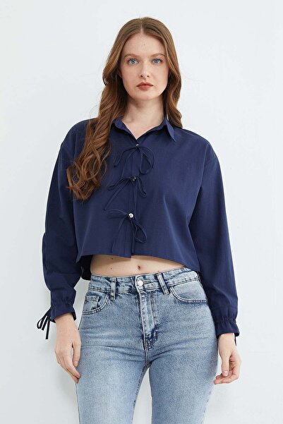 Fulla Moda Önü Bağlamalı Düğmeli Crop Gömlek