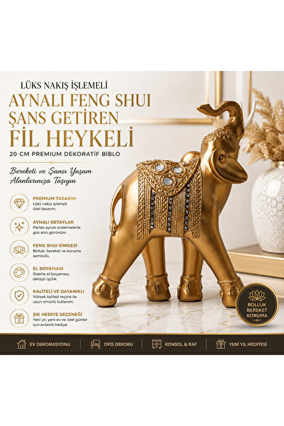 e-life shop Lüks Aynalı Nakış İşlemeli Feng Shui Fil Biblo 20 cm Şans Bereket...