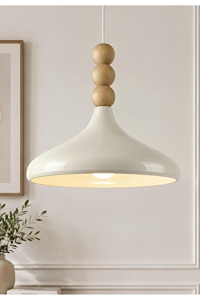 burenze Melrose Modern Tasarım Ahşap Detaylı Sarkıt Avize Boheme Iskandinav Tarz Krem Metal 35 Cm
