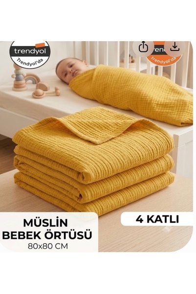 Manora 4 Layer Muslin Baby Blanket 80X80 cm - Baby Blanket & Newborn Swaddle - Yellow