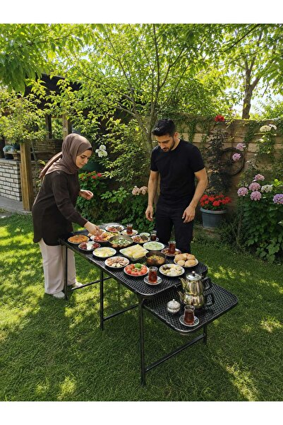 kraker Portatif Katlanabilir Metal Kamp Masası - 120x46x40 cm Siyah Perfore S...