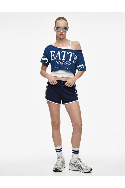 Koton Oversize Omzu Açık Kısa Kollu Baskılı Crop Tişört