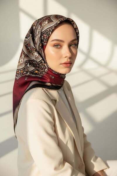 Vissona %100 Twill İpek Şal Desenli Bordo - Siyah Renkli 90x90 Eşarp Dikim Şe...