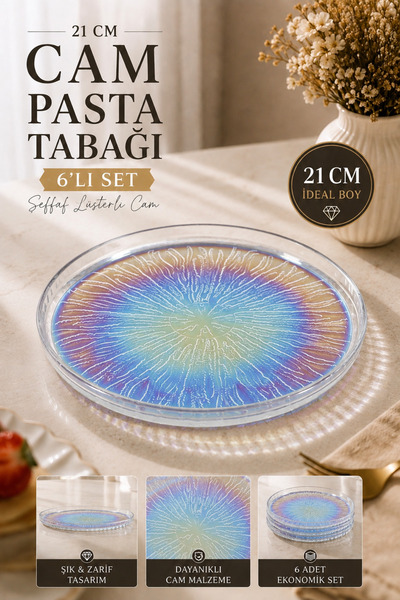 ANGDESİGN Paris Glass Cake-Dessert Plate Set of 6 Transparent Luster Glass Pl...