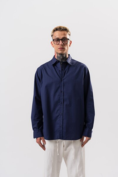 Respire Men's Embroidery Detailed Poplin Oversize Shirt Navy Blue