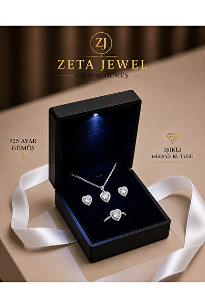 Zeta Jewel 925 Ayar Gümüş Kalp Kolye Küpe Yüzük Seti Işıklı Hediye Kutulu