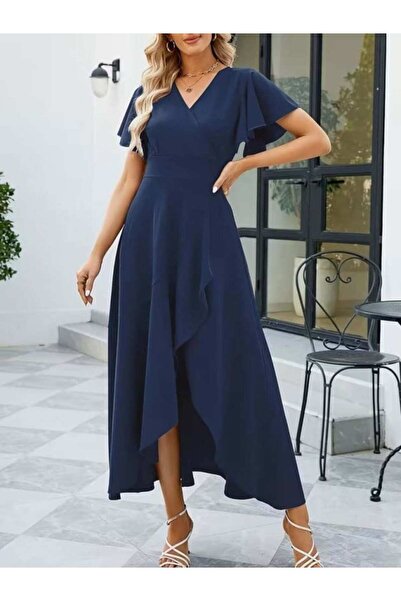 Generic Brand Women's Short Sleeve Double-Breasted Collared Front Asymmetrica...