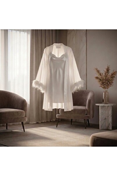Lady Lingerie طقم قميص نوم نسائي من الساتان وروب من الشيفون - تصميم "عروس" مز...