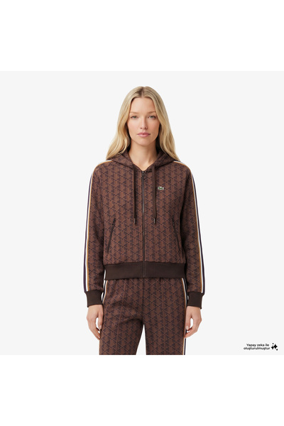 Lacoste Kadın Regular Fit Kapüşonlu Monogram Kahverengi Sweatshirt
