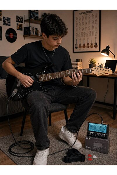 müzikhane Siyah Hss Elektro Gitar Seti Mini Şajlı Bluetooth Distorsion+Reverb...