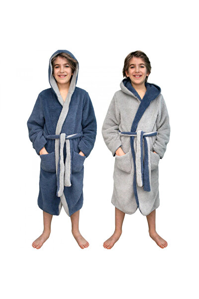 Homelevel Halat de baie reversibil pentru copii, 11-12 ani, Albastru / Gri, P...