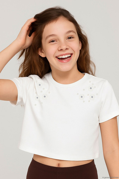 Breeze Girl's T-Shirt with Pearl Detail and Floral Accessories, Ages 6-12, Ecru