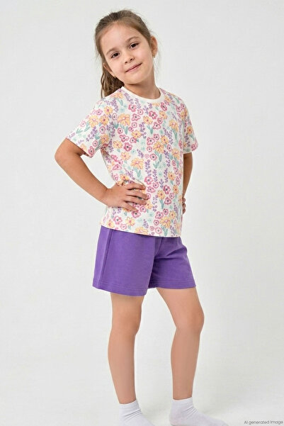 Breeze Girls' Shorts Pajama Set with Colorful Floral Pattern, Ages 4-8, White