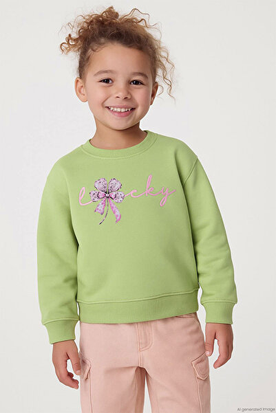 Breeze Girl's Sweatshirt with Bow Flower Printed 2-6 Years, Pistachio Green