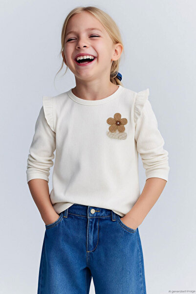 Breeze Girl's Long Sleeve T-Shirt with Floral Accessories, Ages 2-6, Ecru