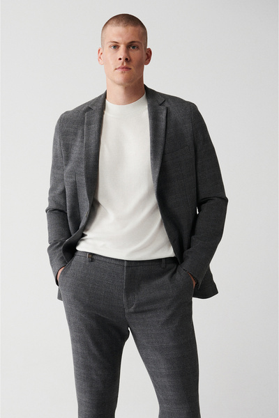 Avva Erkek Gri 360 Derece Esnek Çift Yırtmaçlı Astarsız Blazer Comfort Slim F...
