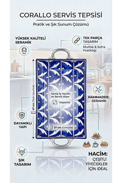 RİVO HOME DECOR Corallo High Quality Ceramic Serving Tray Blue Tile Pattern P...