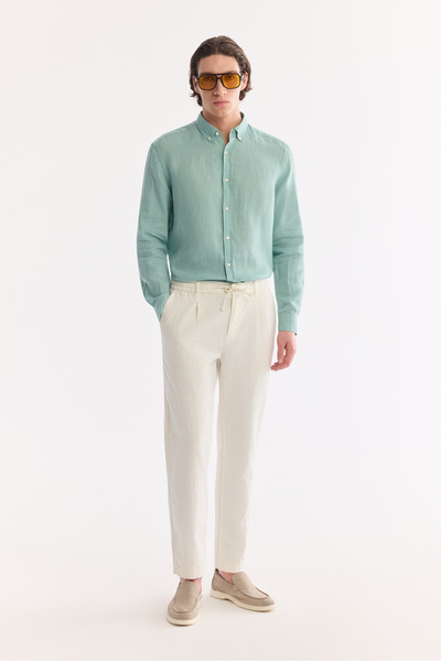 Avva Men's Off-White Waist-Tied Linen Blend Chino Relaxed Fit Trousers B003036