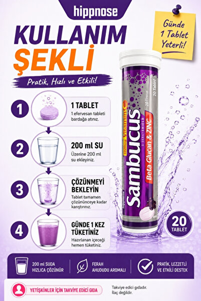 Hippnose Sambucus Efervesan – C Vitamini, Çinko ve Beta Glukan Destekli Takviye 20 TABLET