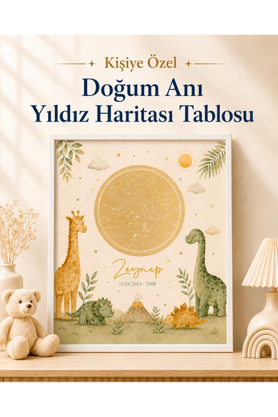 Kişiye Özel Doğum Anı Yıldız Haritası Tablosu – İsimli Tarihli Çerçeveli Dinazor Temalı Çocuk Odası Tablosu