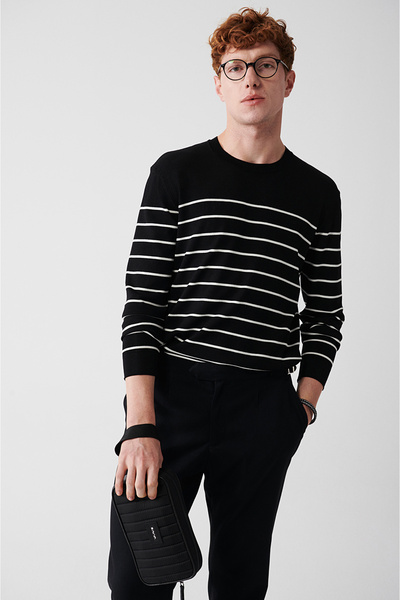 Avva Men's Black Crew Neck Striped Rayon Knitwear Regular Fit Sweater A32Y5187