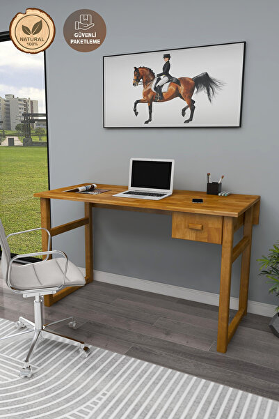 WOODFACE Masif Ahşap Doğal Ahşap Çekmeceli Çalışma Masası 116x55 Cm