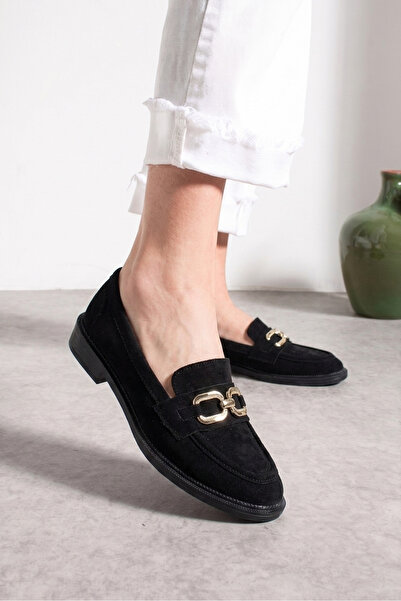 İmerShoes Mocasini de damă din piele intoarsa neagra, cu talpa clasica cu mod...