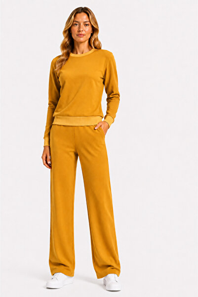 TRENDHİLL Women's Cotton Crew Neck Wide Leg Tracksuit Set Mustard-101