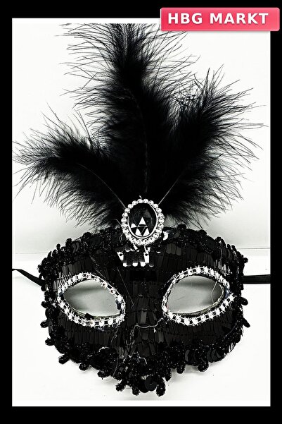 Generic Brand Black Sequined Feather Party Mask 17X20 cm