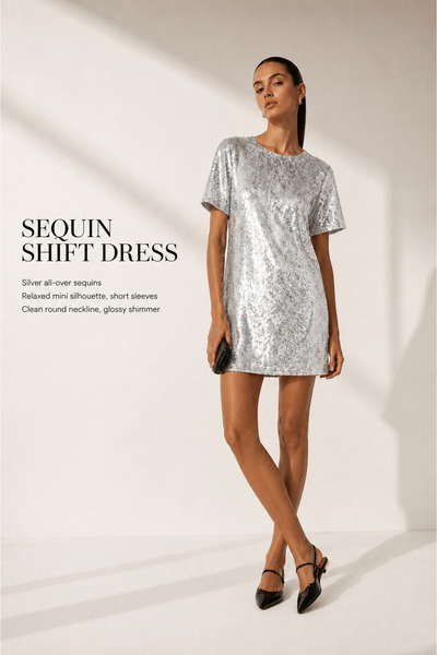 The Drop Rochie casual scurtă cu mâneci scurte și paiete Reina, argintie