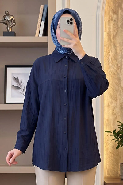 Modestim Tesettür Kadın Lacivert Çilek Kumaş Trend Tesettür Tunik Düğmeli 78 ...