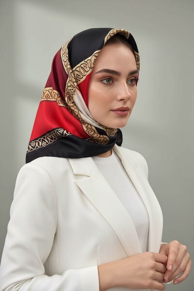 Vissona %100 Twill İpek Geometrik Desenli Kırmızı - Bej Renkli 90x90 Eşarp Di...