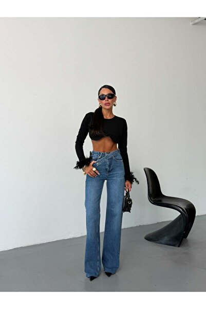 HerTon Women's High Waist Cross-Button Wide Leg Jean Pants