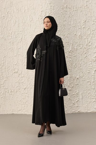 Ferraceci Parıl Aplike İşlemeli Siyah Abaya