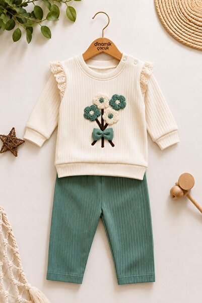 dinamik çocuk Baby Girl Daisy Bowknot 2-Piece Top and Bottom Set, Embroidered...