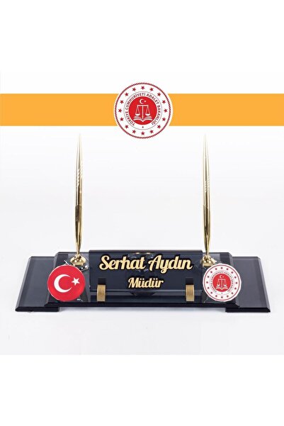 Ofistike Adalet Bakanlığı Logolu Türk Bayraklı Masa Isimliği Bayrak Logolu El...