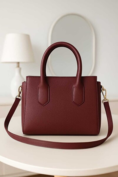 METEBAGS Bordo Suni Deri Fermuarlı El & Omuz Çantası
