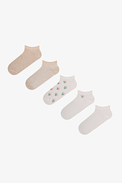 Penti Beyaz Kahve Soft Blossom Çiçekli Pamuklu 5 Çift Patik Çorap