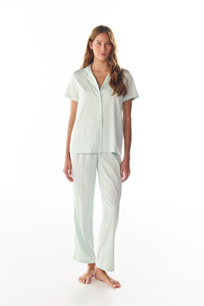 Penti Mint Aurora Satin Floral Short Sleeve Shirt Pants Pajama Set