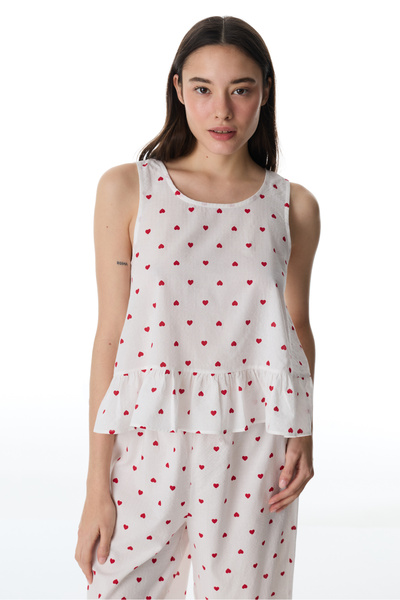 Penti Off-White Red Hearts Cotton Piece Athlete Pajama Top