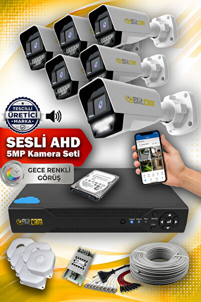 Elitcam 6 SESLİ Kameralı Süper 6 Dış Kamera Set 320 GB 5 MP 2K Renkli Gece Gö...