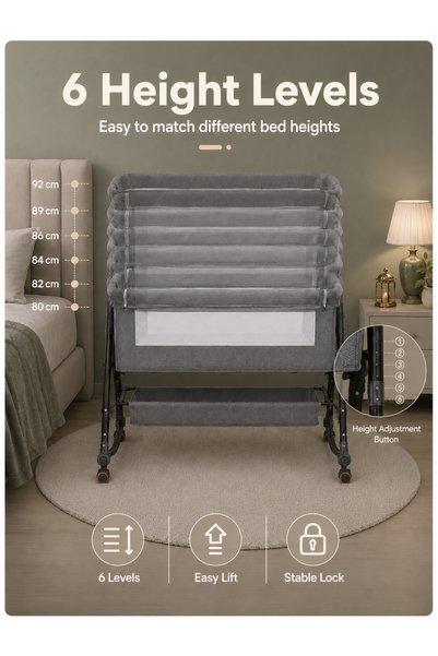 AZZHAAR Gray Bedside Baby Bassinet for Newborns & Infants 0–28 Months, Adjustable Height with Changing Top, Canopy and Storage Basket