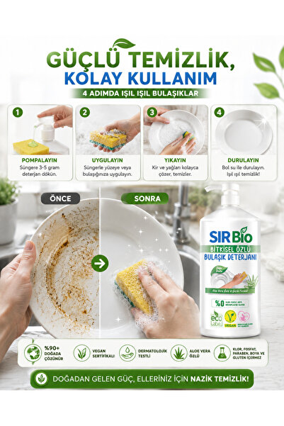 SIR Bio Bitkisel Özlü Elde Bulaşık Deterjanı 1000 ml Pompalı Şişe (1000 ML X 2 ADET)