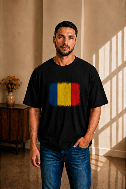 sngl tekstil Ανδρικό μπλουζάκι με κοντό μανίκι oversized Romania Flag με τύπω...